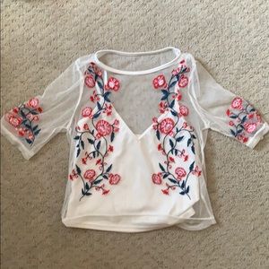white mesh overlay embroidered tank top